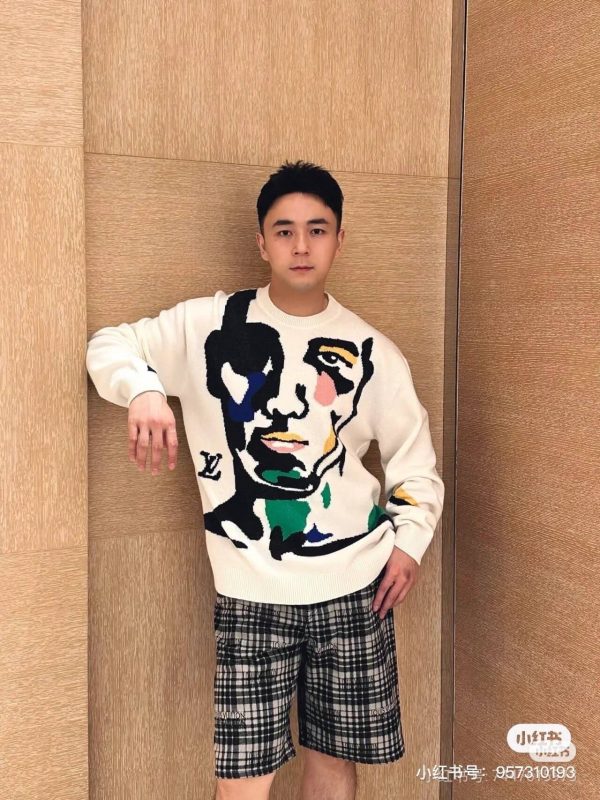 Louis Vuitton Abstract Portrait Intarsia Crewneck Sweater in White