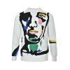 Front view of the Louis Vuitton sweater featuring a large, colorful abstract portrait intarsia graphic and a classic ribbed crewneck.