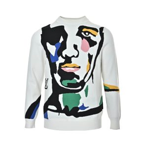 Louis Vuitton Abstract Portrait Intarsia Crewneck Sweater in White (8) Front view of the Louis Vuitton sweater featuring a large, colorful abstract portrait intarsia graphic and a classic ribbed crewneck.