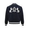 Louis Vuitton Denim Velvet Souvenir Jacket in Midnight Blue and White (6) Back view of the Louis Vuitton Denim Velvet Souvenir Jacket showcasing the large embroidered LV Malletier crest and heraldic lions