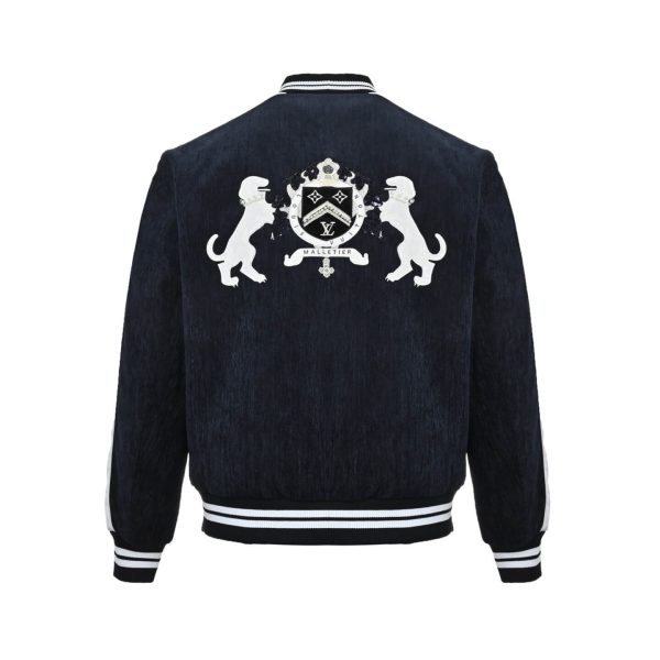 Louis Vuitton Denim Velvet Souvenir Jacket in Midnight Blue and White (6) Back view of the Louis Vuitton Denim Velvet Souvenir Jacket showcasing the large embroidered LV Malletier crest and heraldic lions