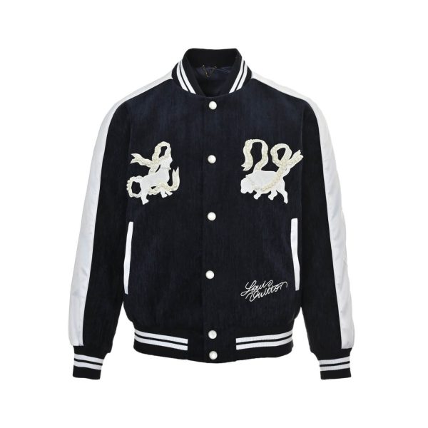 Louis Vuitton Denim Velvet Souvenir Jacket in Midnight Blue and White (7) Front view of the Louis Vuitton souvenir jacket featuring white sleeves, snap buttons, and pearl-embellished lion chest appliqués.