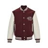 Louis Vuitton Embroidered Calfskin Varsity Jacket in Burgundy and Cream (3) Front view of the Louis Vuitton calfskin varsity jacket featuring white snap buttons, cursive chest embroidery, and contrasting leather sleeves.