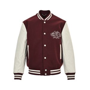Louis Vuitton Embroidered Calfskin Varsity Jacket in Burgundy and Cream (3) Front view of the Louis Vuitton calfskin varsity jacket featuring white snap buttons, cursive chest embroidery, and contrasting leather sleeves.