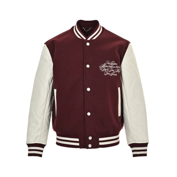 Louis Vuitton Embroidered Calfskin Varsity Jacket in Burgundy and Cream (3) Front view of the Louis Vuitton calfskin varsity jacket featuring white snap buttons, cursive chest embroidery, and contrasting leather sleeves.