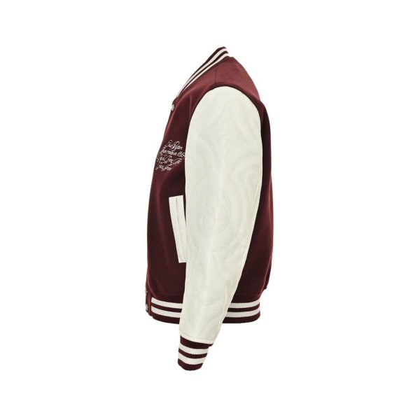 Louis Vuitton Embroidered Calfskin Varsity Jacket in Burgundy and Cream (4) Side profile view of the Louis Vuitton varsity jacket highlighting the tonal monogram floral embossing on the cream leather sleeve.