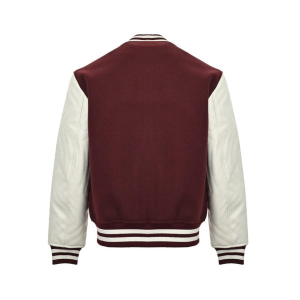 Louis Vuitton Embroidered Calfskin Varsity Jacket in Burgundy and Cream (8) Back view of the burgundy Louis Vuitton varsity jacket showing cream leather sleeves and striped ribbed trims.