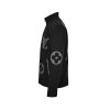Side profile view of the black Louis Vuitton knit jacket highlighting the ribbed stand collar and continuous monogram motifs on the sleeves.
