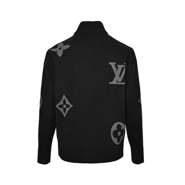 Back view of the black Louis Vuitton Giant Monogram Knit Jacket showcasing the oversized grey floral and LV logo motifs.