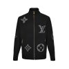 Front view of the Louis Vuitton full-zip knit jacket featuring gold-tone hardware, zippered side pockets, and giant monogram patterns.