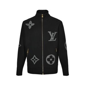 Louis Vuitton Giant Monogram Full-Zip Knit Jacket in Black and Grey (8) Front view of the Louis Vuitton full-zip knit jacket featuring gold-tone hardware, zippered side pockets, and giant monogram patterns.
