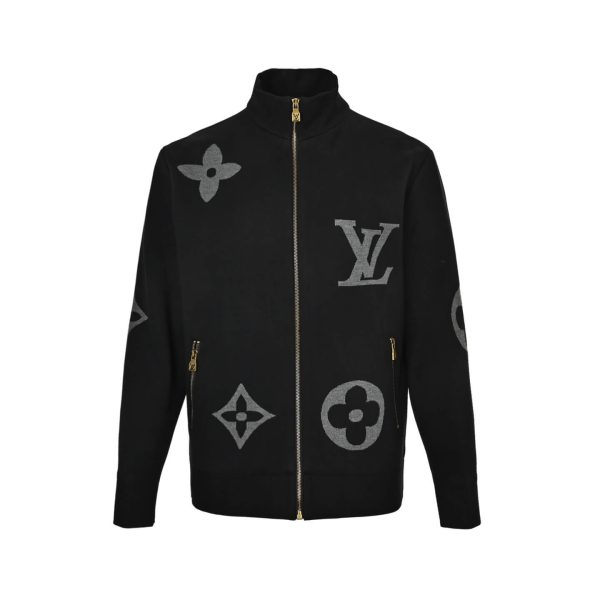 Front view of the Louis Vuitton full-zip knit jacket featuring gold-tone hardware, zippered side pockets, and giant monogram patterns.