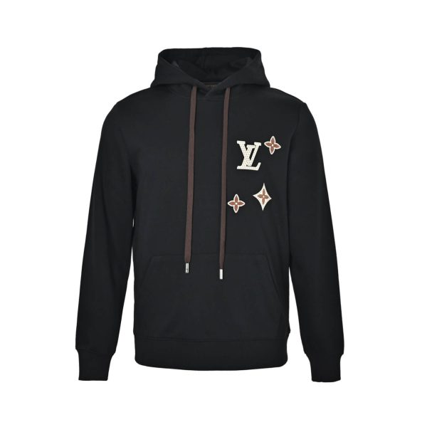 Louis Vuitton Pullover Hoodie LV & Monogram Flower Patches Black (7) Louis Vuitton Pullover Hoodie LV & Monogram Flower Patches Black
