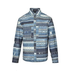 Louis Vuitton Striped Patchwork Denim Shirt Monogram Detail Blue