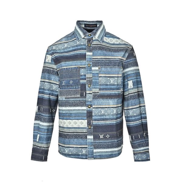 Louis Vuitton Striped Patchwork Denim Shirt Monogram Detail Blue (1) Louis Vuitton Striped Patchwork Denim Shirt Monogram Detail Blue