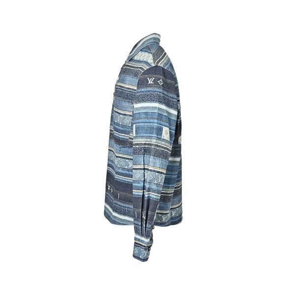 Louis Vuitton Striped Patchwork Denim Shirt Monogram Detail Blue (2) Louis Vuitton Striped Patchwork Denim Shirt Monogram Detail Blue