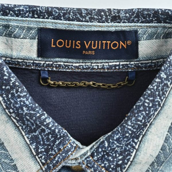 Louis Vuitton Striped Patchwork Denim Shirt Monogram Detail Blue (3) Louis Vuitton Striped Patchwork Denim Shirt Monogram Detail Blue
