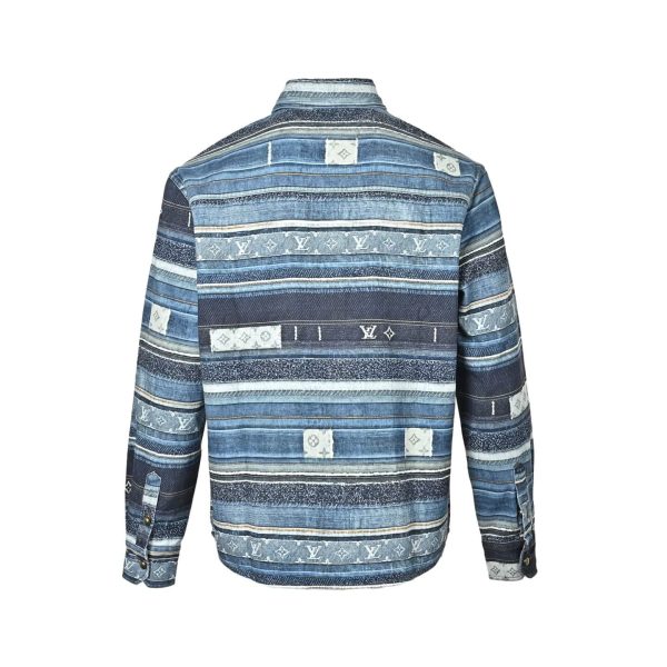 Louis Vuitton Striped Patchwork Denim Shirt Monogram Detail Blue (4) Louis Vuitton Striped Patchwork Denim Shirt Monogram Detail Blue