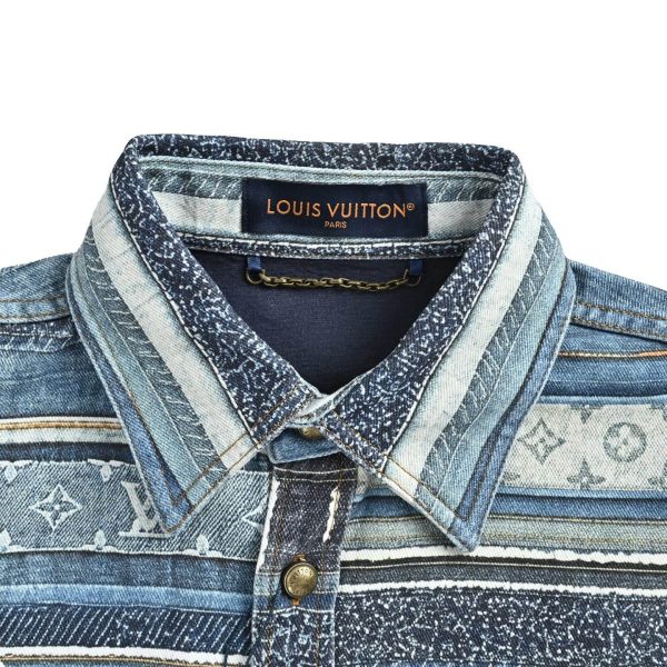 Louis Vuitton Striped Patchwork Denim Shirt Monogram Detail Blue (6) Louis Vuitton Striped Patchwork Denim Shirt Monogram Detail Blue