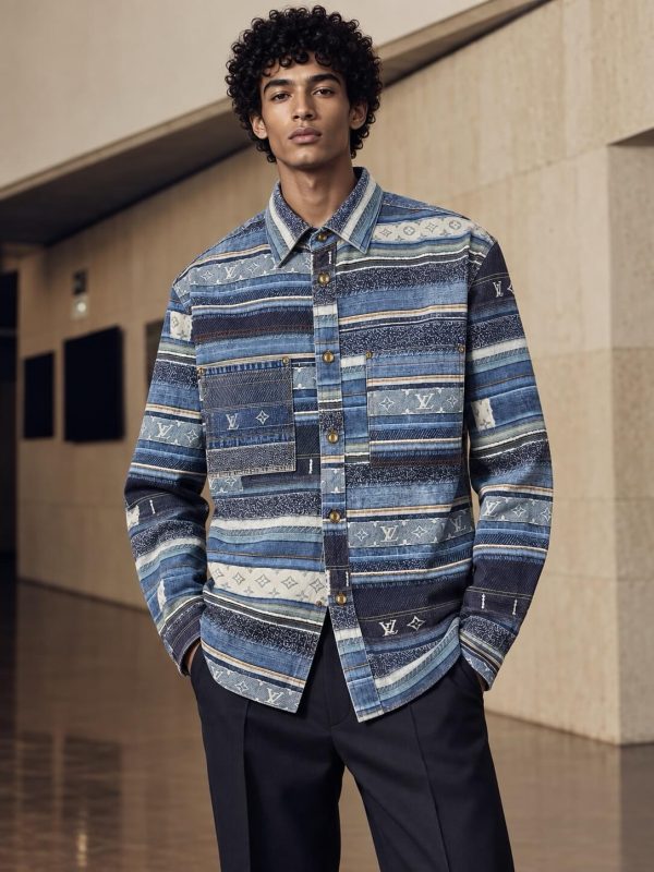 Louis Vuitton Striped Patchwork Denim Shirt Monogram Detail Blue (7) Louis Vuitton Striped Patchwork Denim Shirt Monogram Detail Blue