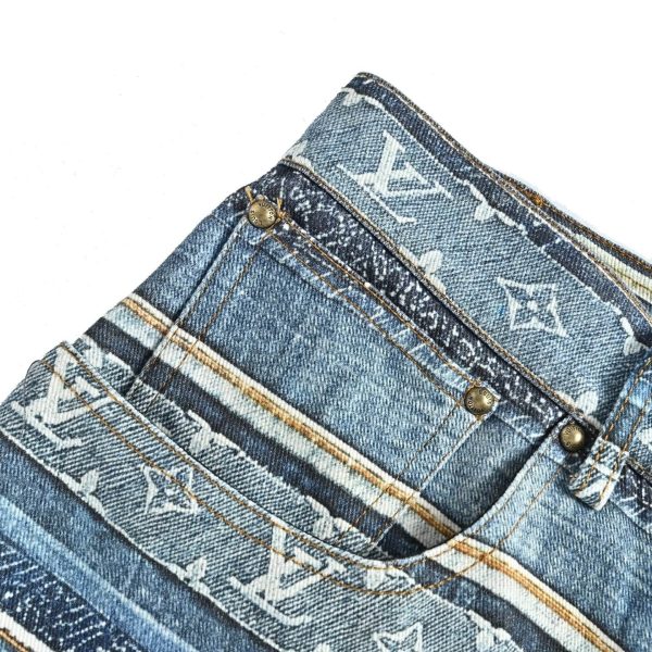Louis Vuitton Striped Patchwork Denim Shorts Blue (1) Louis Vuitton Striped Patchwork Denim Shorts Blue