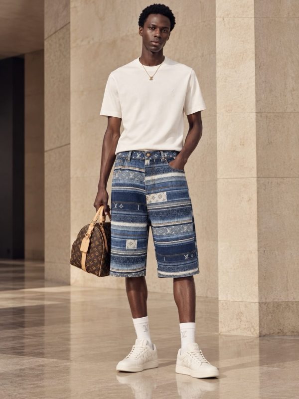 Louis Vuitton Striped Patchwork Denim Shorts Blue (5) Louis Vuitton Striped Patchwork Denim Shorts Blue