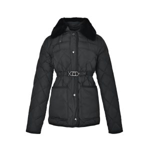Moncler Cygne Faux Fur-Trimmed Belted Down Jacket Black (1) Moncler Cygne Faux Fur-Trimmed Belted Down Jacket Black