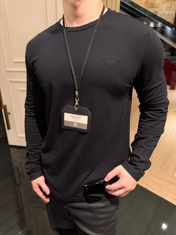 Prada Long-Sleeve T-Shirt Embossed Triangle Logo Black Cotton (6) Prada Long-Sleeve T-Shirt Embossed Triangle Logo Black Cotton
