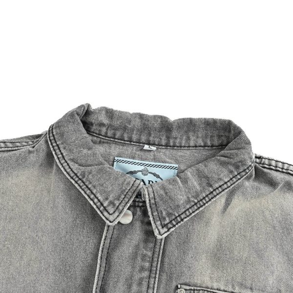 Prada Washed Denim Jacket Enameled Triangle Logo Grey (1) Prada Washed Denim Jacket Enameled Triangle Logo Grey