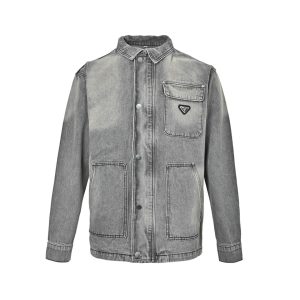 Prada Washed Denim Jacket Enameled Triangle Logo Grey