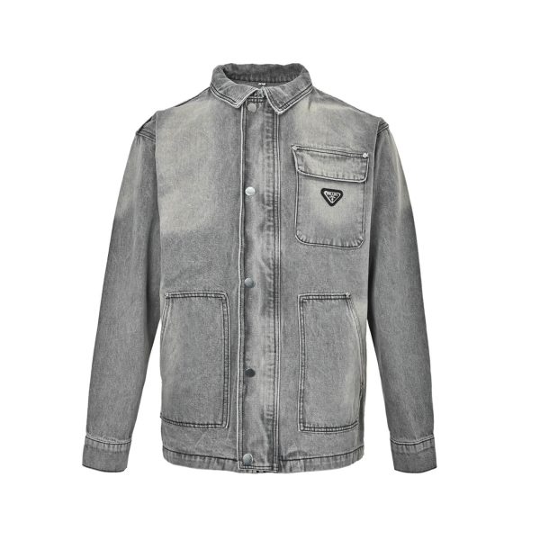 Prada Washed Denim Jacket Enameled Triangle Logo Grey (4) Prada Washed Denim Jacket Enameled Triangle Logo Grey