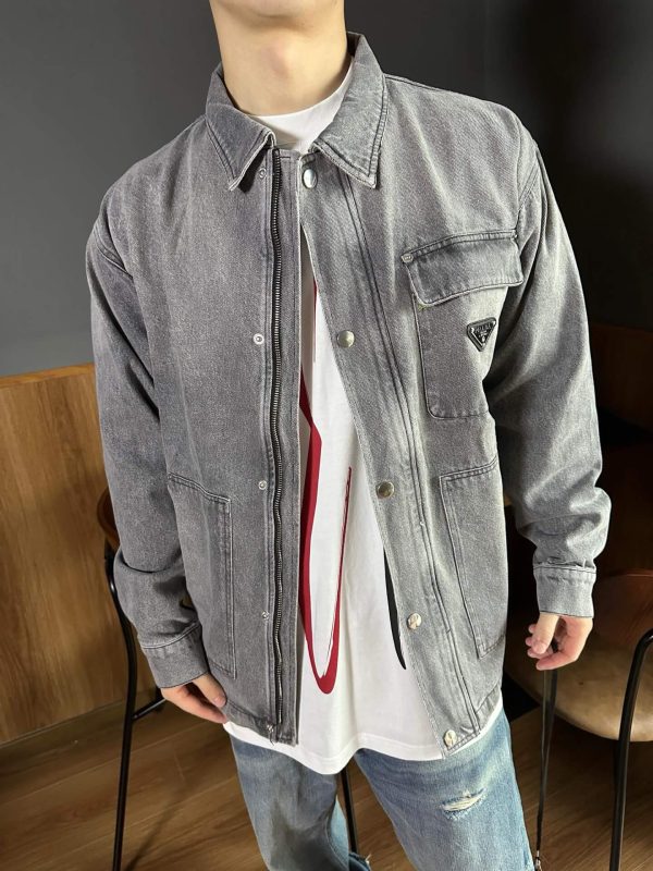 Prada Washed Denim Jacket Enameled Triangle Logo Grey (7) Prada Washed Denim Jacket Enameled Triangle Logo Grey